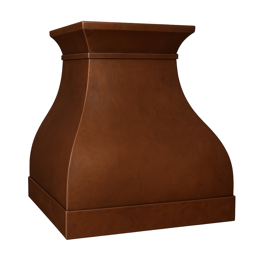 Angled view of a handcrafted copper range hood with flared bell silhouette