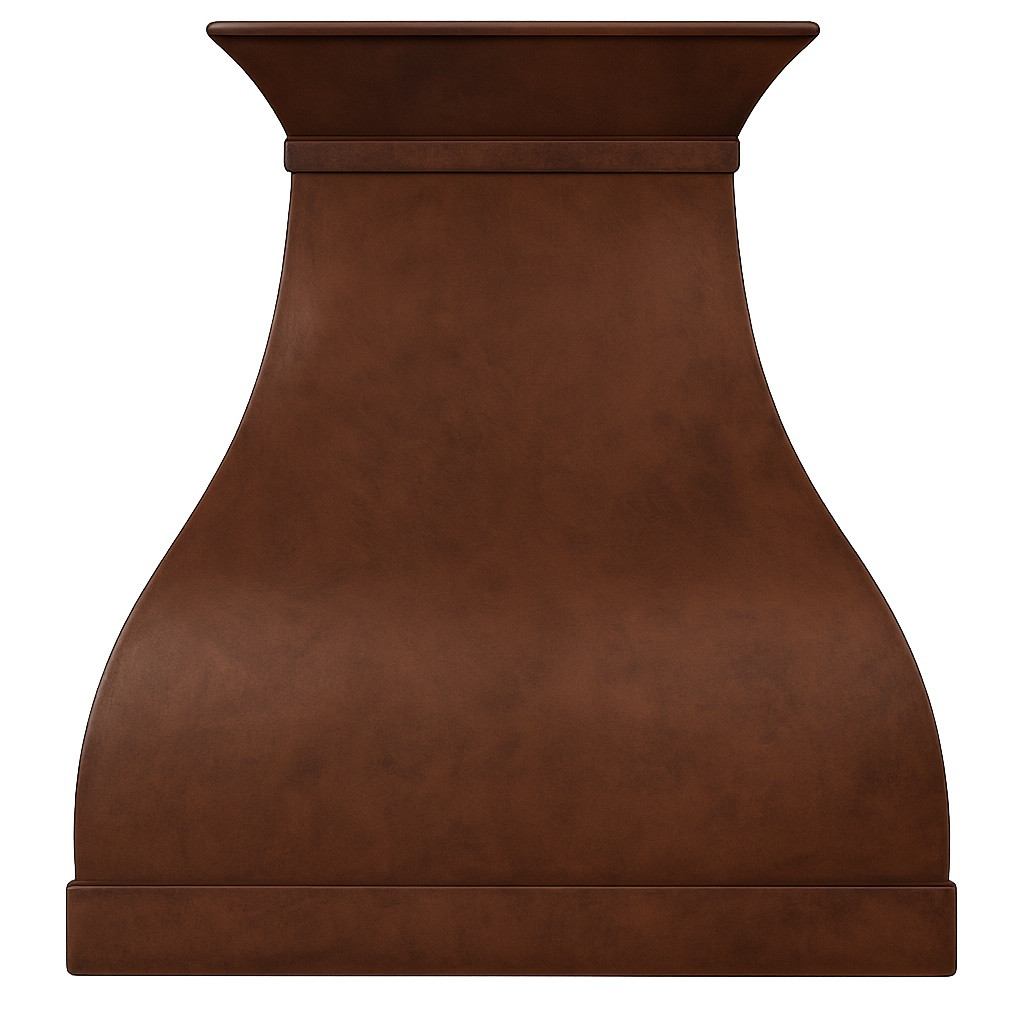 Handcrafted copper range hood with flared bell silhouette