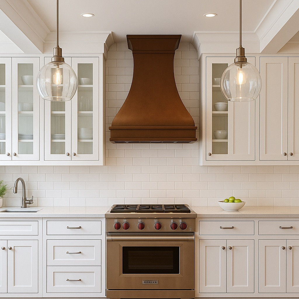36-inch handcrafted copper range hood with flared bell silhouette in a transitional style kitchen