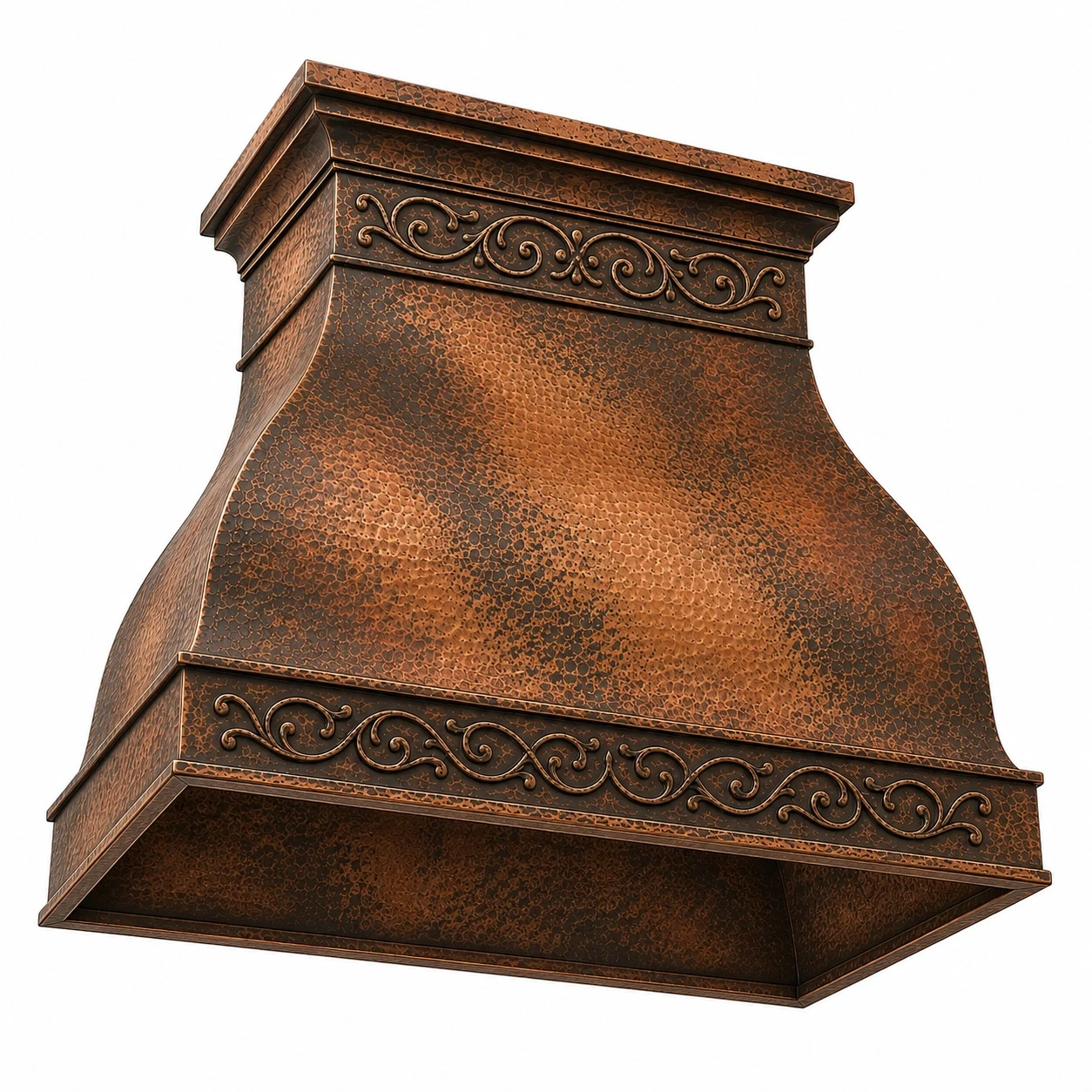 Underside view of bell copper range hood prepared for buyer-supplied insert opening