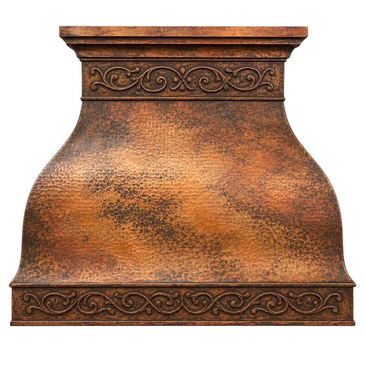 Bell copper range hood with pierced ornamental bands, layered crown, and warm copper patina