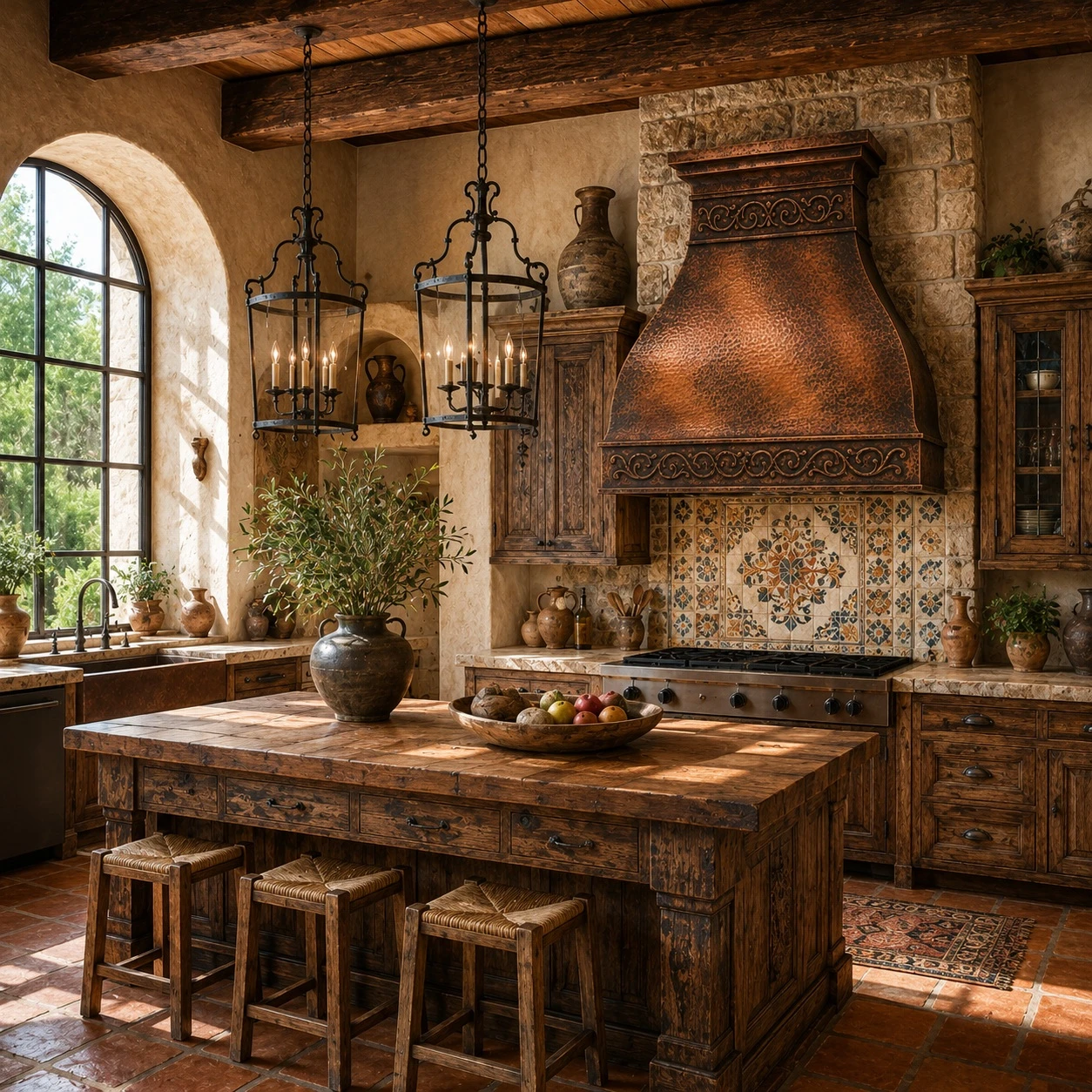 Hacienda kitchen with bell copper range hood, pierced bands, layered crown, and warm patina