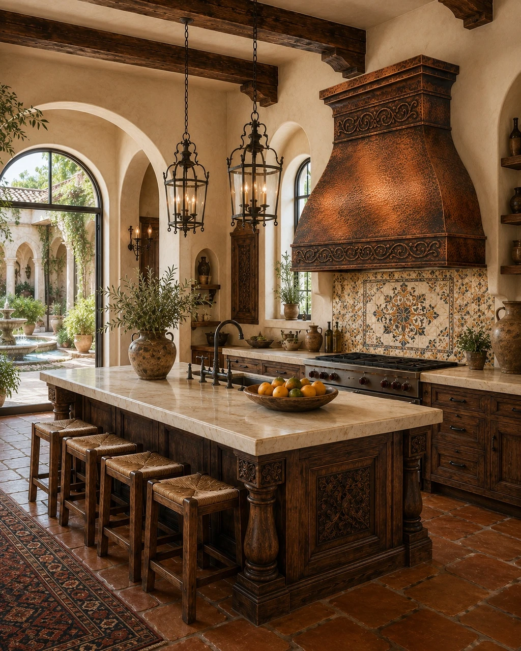 Mediterranean kitchen with bell copper range hood, pierced ornamental bands, and copper patina