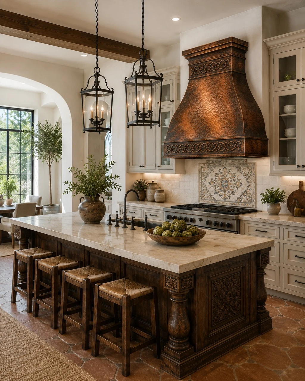 Transitional kitchen with bell copper range hood, pierced bands, and layered crown detail