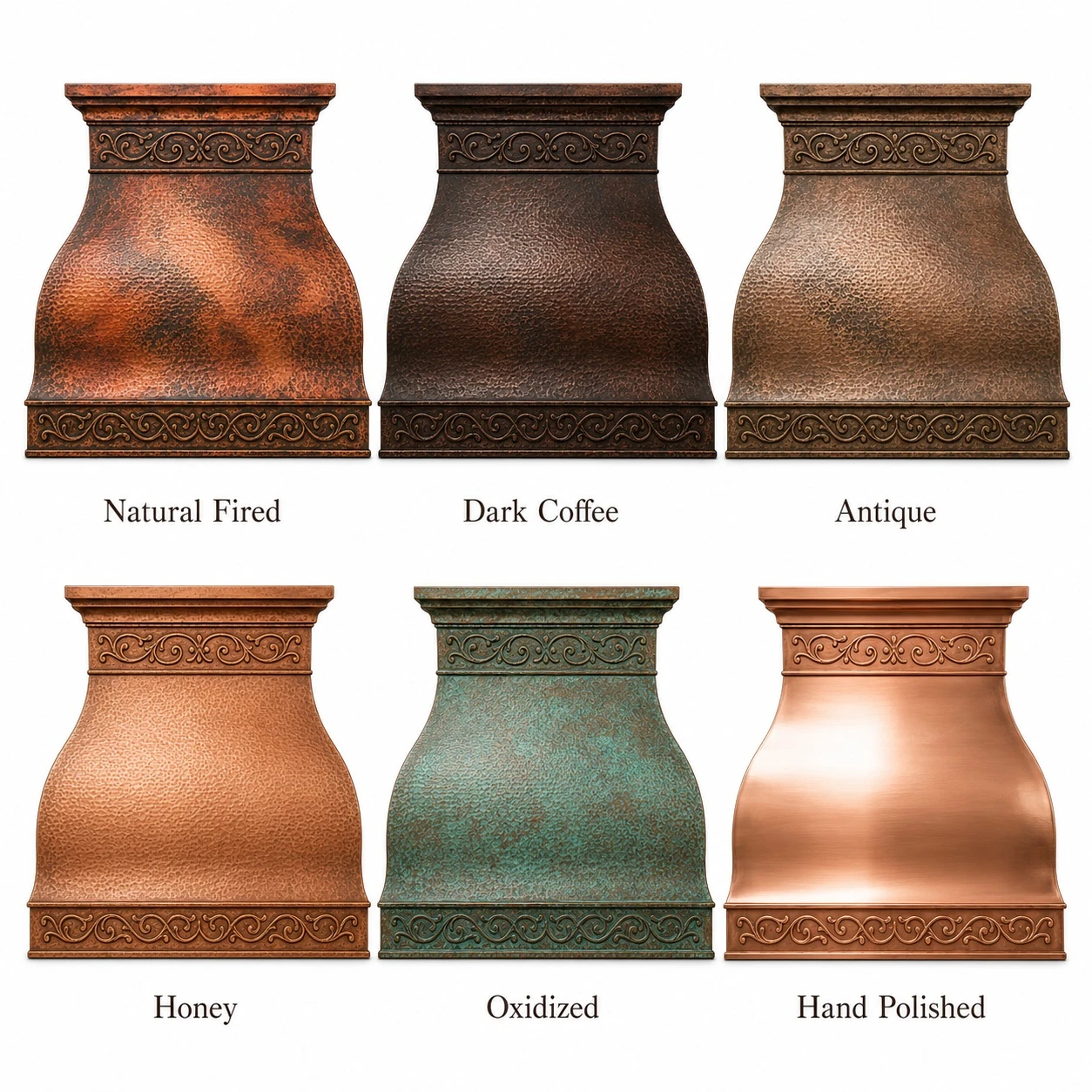 Copper patina finish options for bell range hood with pierced ornamental bands