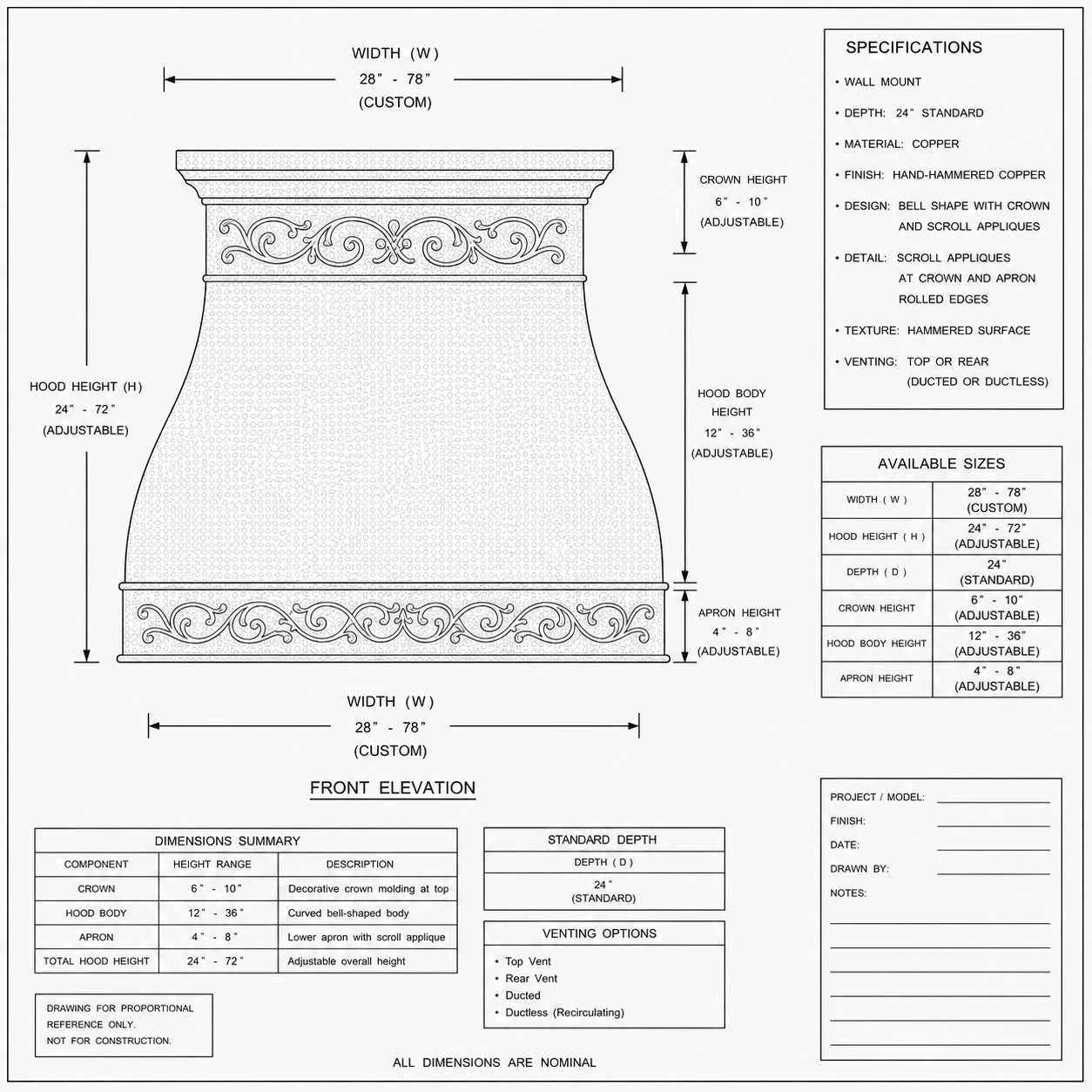 Proportional drawing of bell copper range hood with pierced bands and layered crown