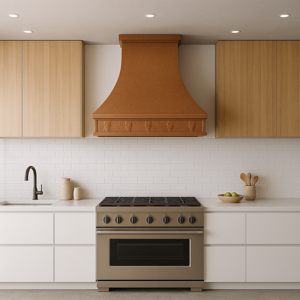 Hammered copper exhaust hood in a contemporary kitchen with smooth cabinetry, quartz counters, and integrated grapevine apron