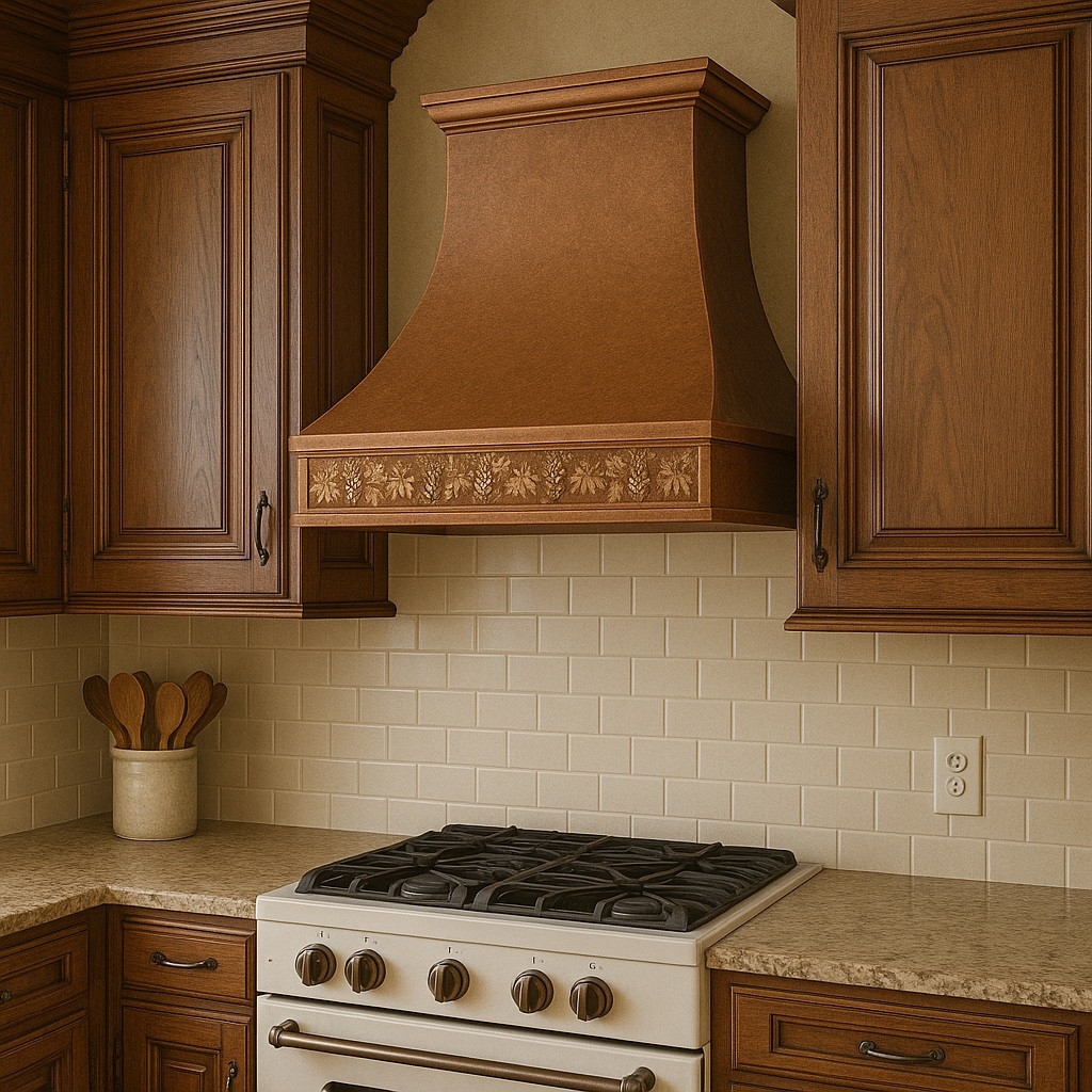 Hammered copper exhaust hood in a traditional kitchen with raised-panel cabinetry, stone counters, and integrated grapevine apron