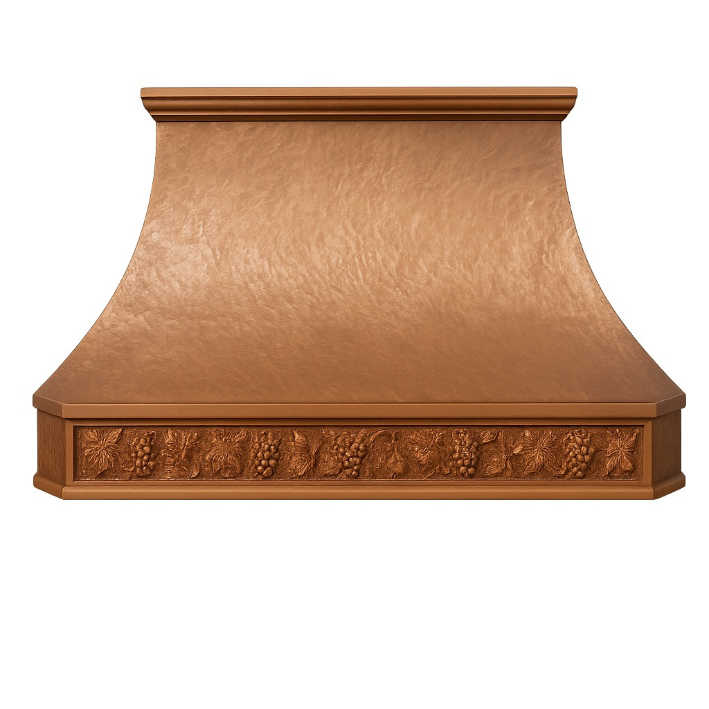 Handcrafted hammered copper exhaust hood front view on white background with grapevine apron and crown molding