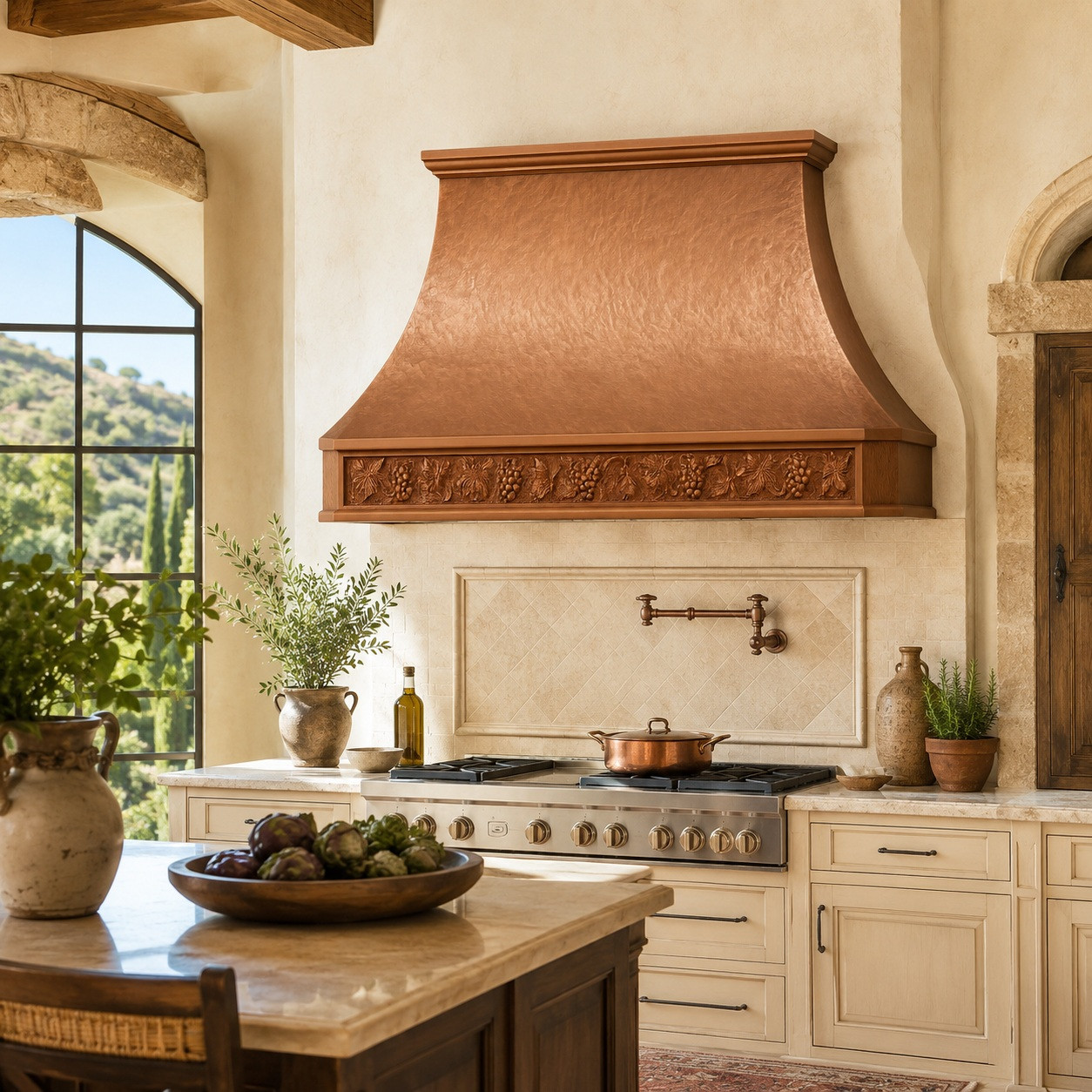 Hammered copper exhaust hood in a Tuscan kitchen with stone backsplash, dark wood cabinetry, and grapevine apron