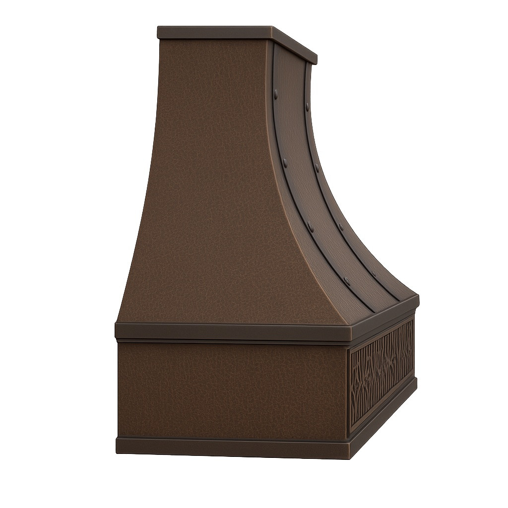 Spanish Colonial Revival copper range hood profile view, hammered canopy with warm patina and tapered colonial silhouette