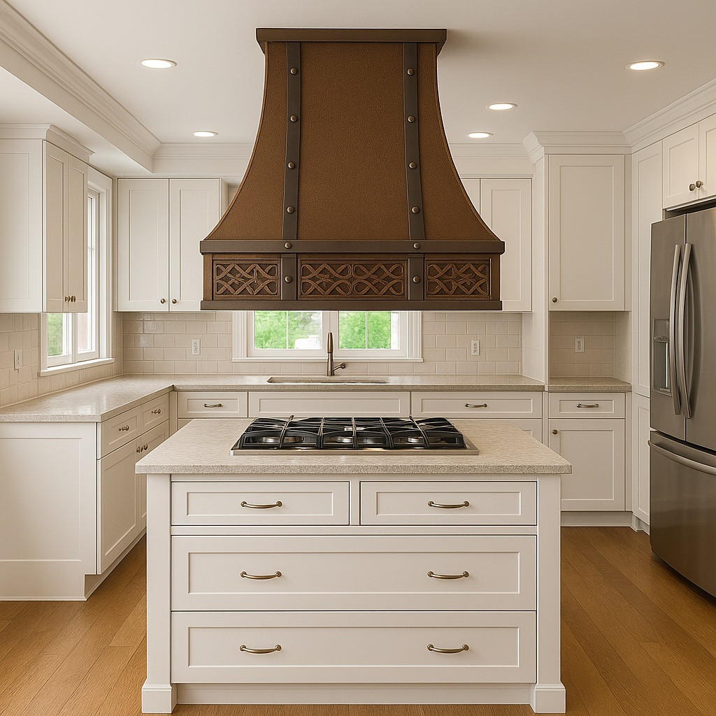 Spanish Colonial Revival island copper range hood in USA suburban kitchen, hammered canopy with warm patina above island cooktop and classic finishes