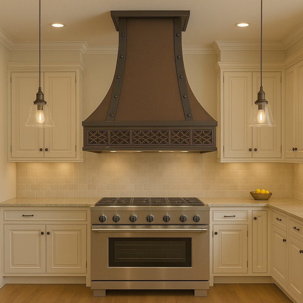 Wall mount Spanish Colonial Revival copper range hood in traditional kitchen, hammered canopy with warm patina above range and classic cabinetry
