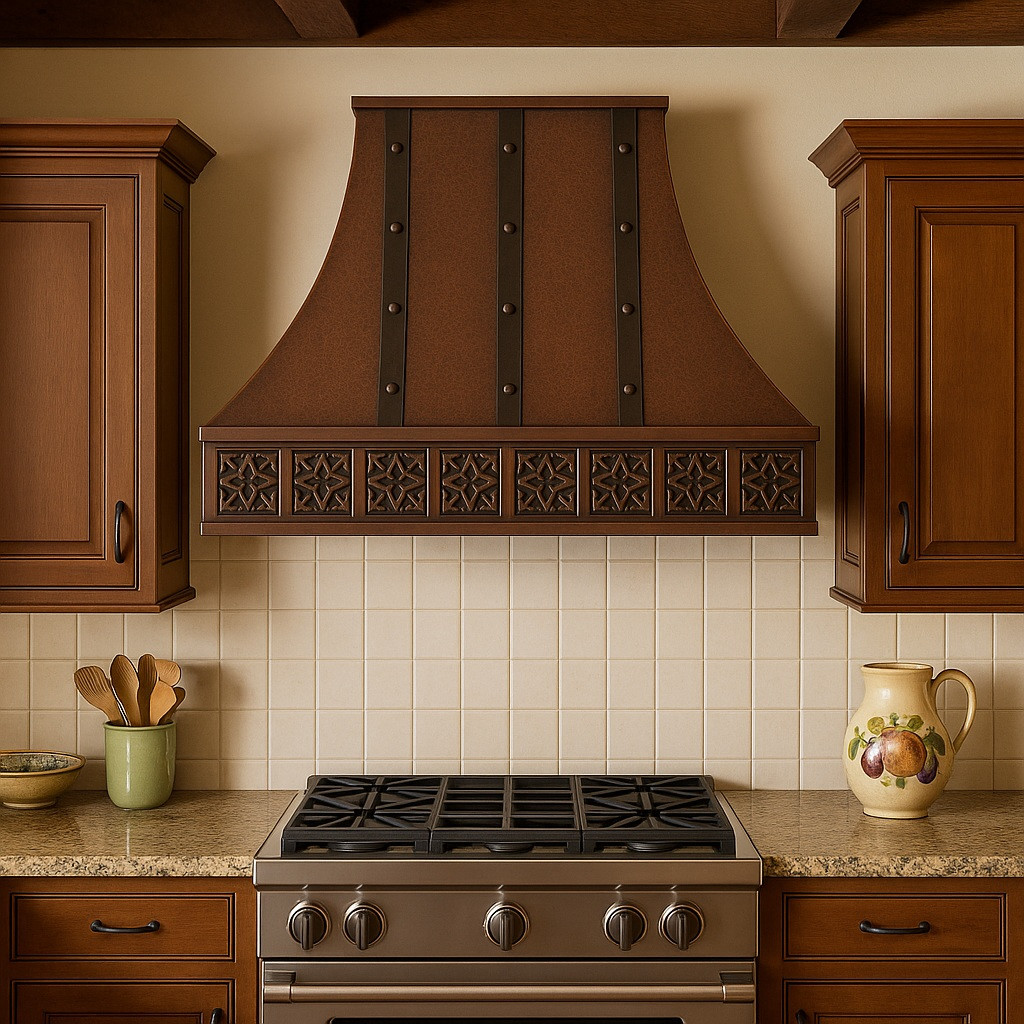 Spanish Colonial Revival copper range hood in kitchen setting, hammered canopy with warm patina above range and decorative colonial detailing

