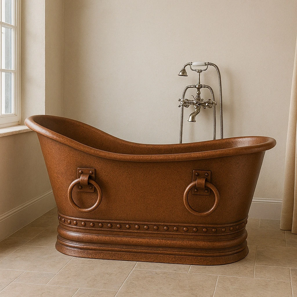 Single slipper copper bathtub with side rings in a suburban bathroom with bright neutral finishes