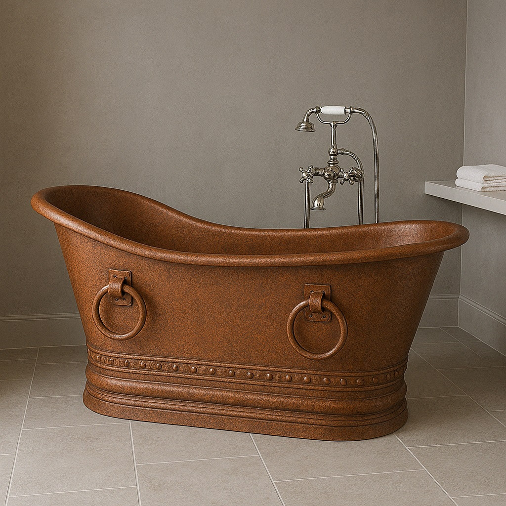 Hand hammered copper tub from Mexico in modern bathroom with neutral walls and clean interior styling