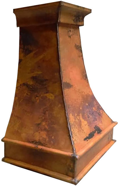 Colonial hammered copper vent hood side view on white background, tapered bell silhouette with crown molding, hammered texture and warm copper patina finish
