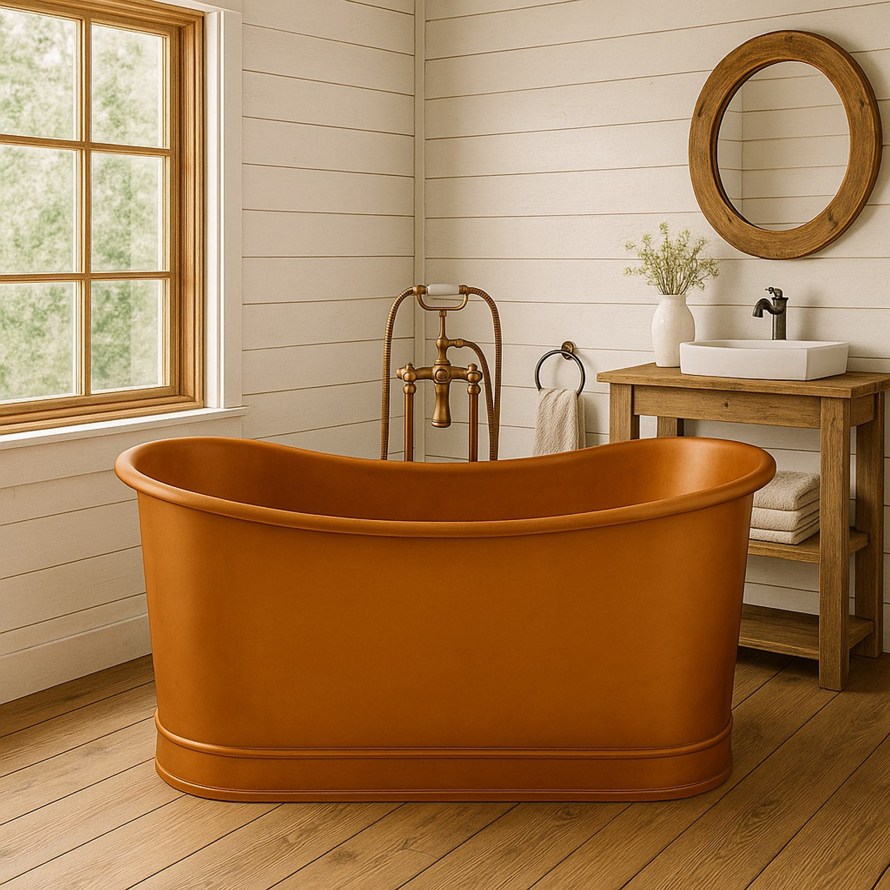 Freestanding Hammered Copper Bathtub in Farmhouse Bathroom