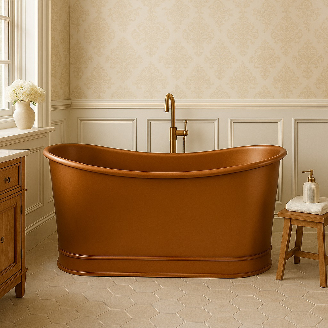 Freestanding Hammered Copper Bathtub in Traditional Bathroom