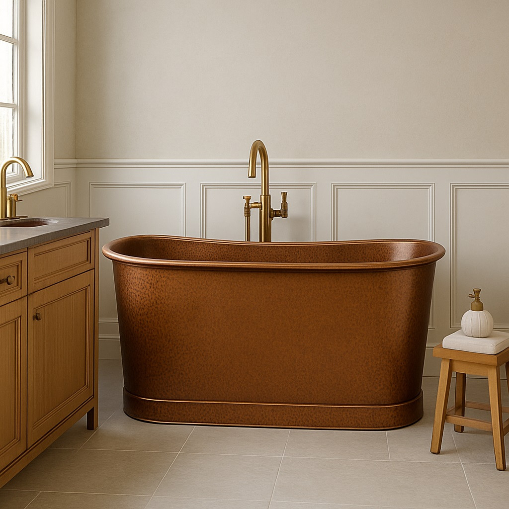 Freestanding hammered copper bathtub in a bathroom setting