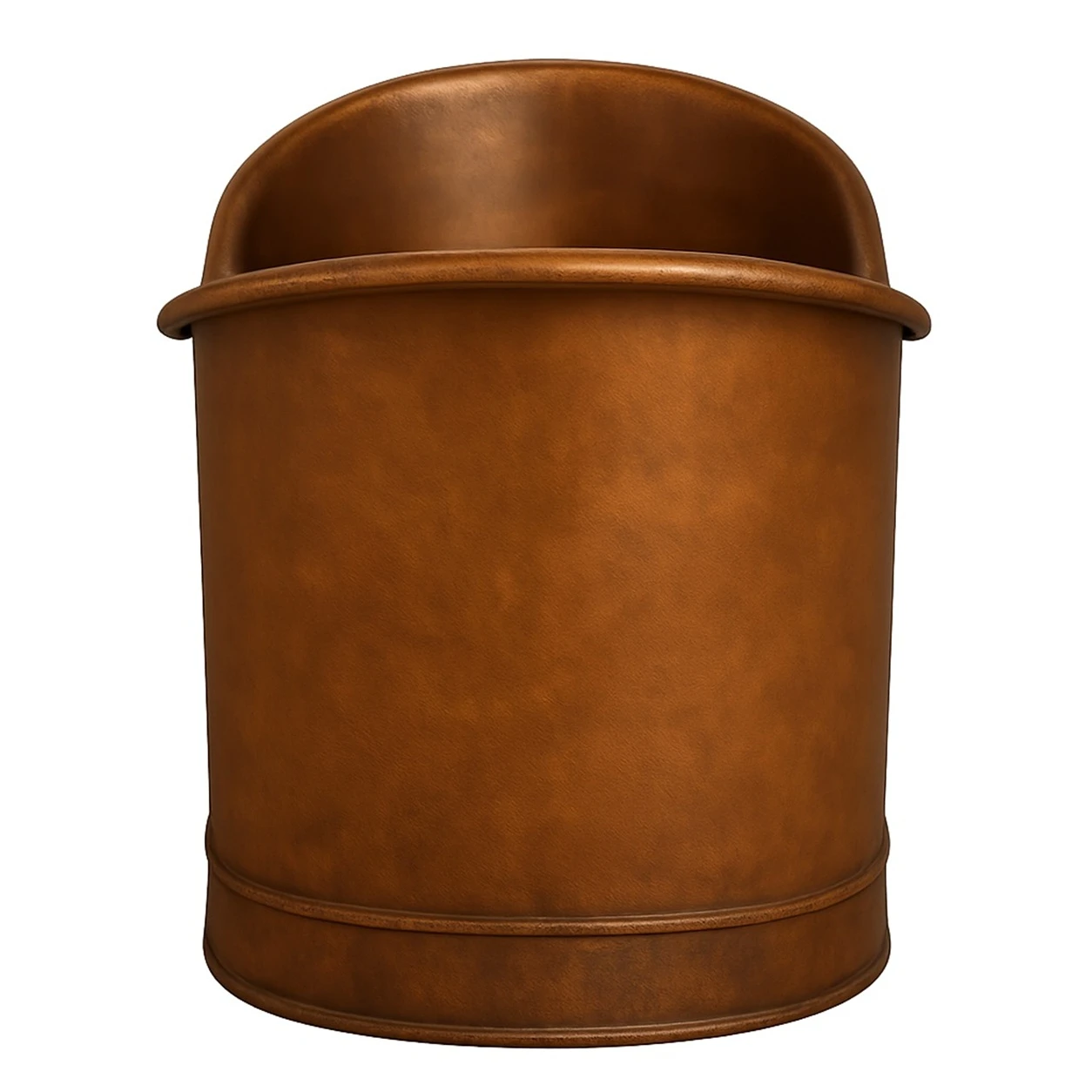 Freestanding hand hammered copper bathtub with architectural straight walls, shown from the rounded end