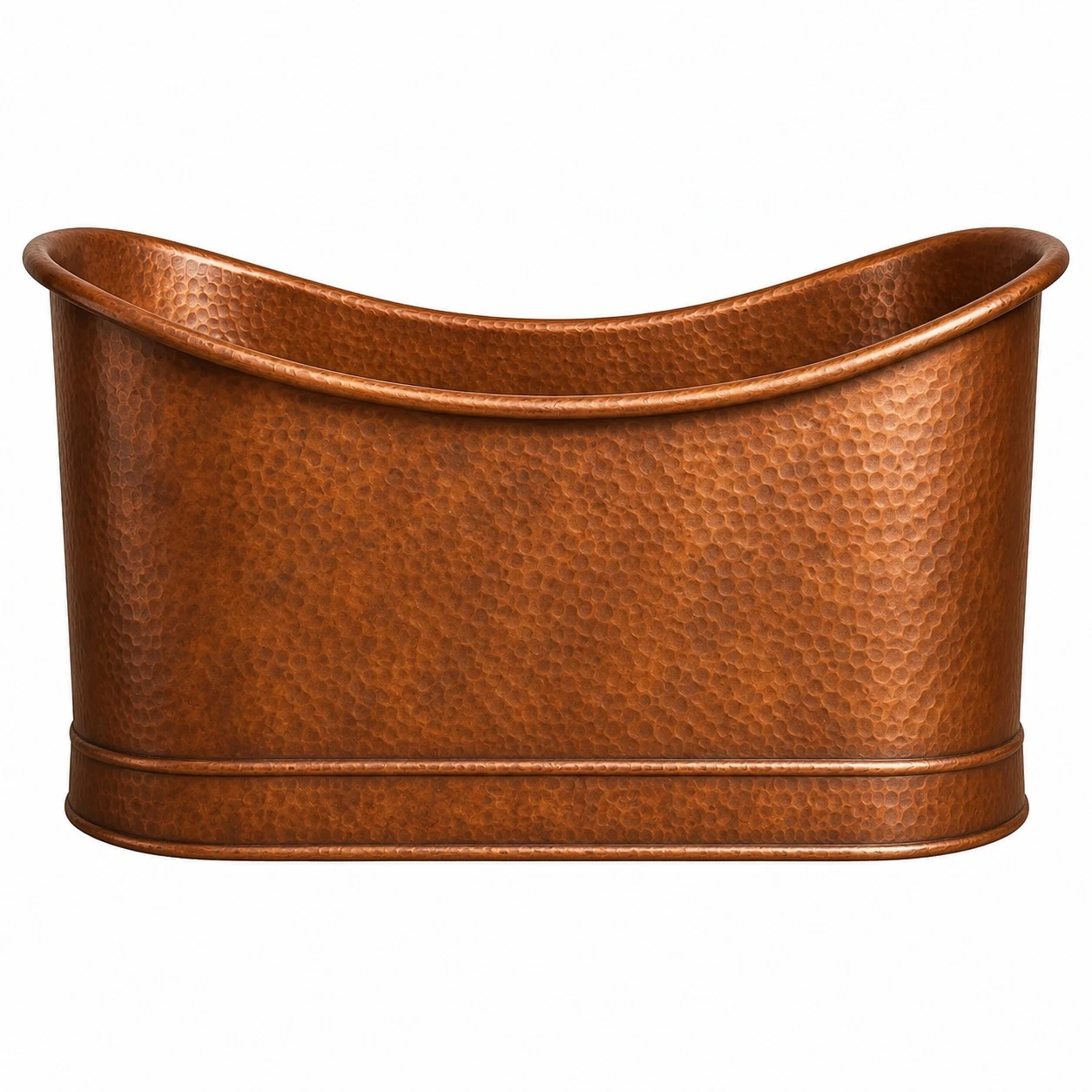 Straight wall freestanding copper bathtub with hammered texture and architectural oval shape
