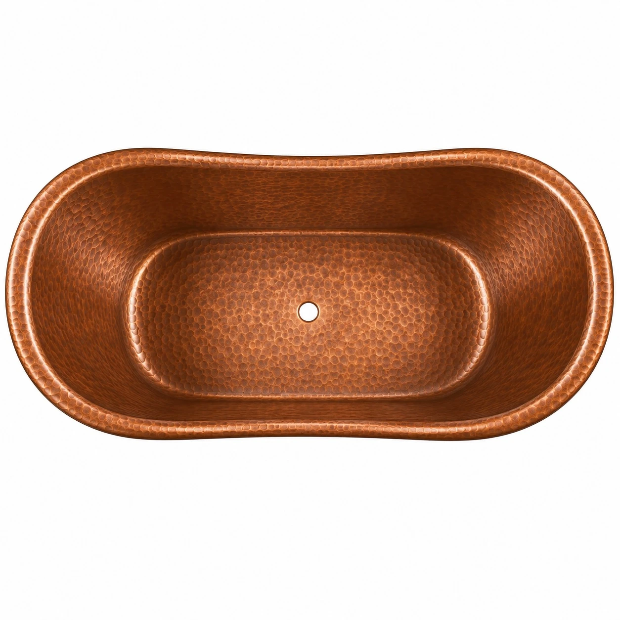 Freestanding hand hammered copper bathtub with architectural straight walls and centered drain, viewed from above