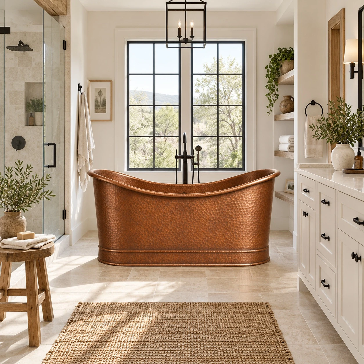 Modern farmhouse bathroom with straight-wall freestanding copper bathtub, white walls, oak, and stone
