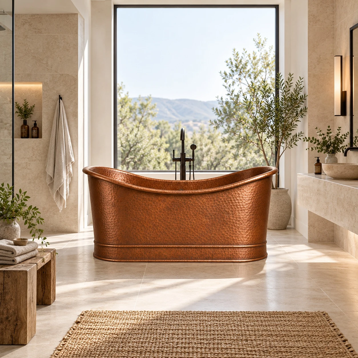 Contemporary spa bathroom with straight-wall copper bathtub, large-format stone, and natural light