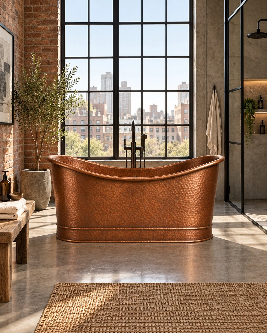 Urban loft bathroom with straight-wall freestanding copper bathtub, concrete, brick, and steel windows