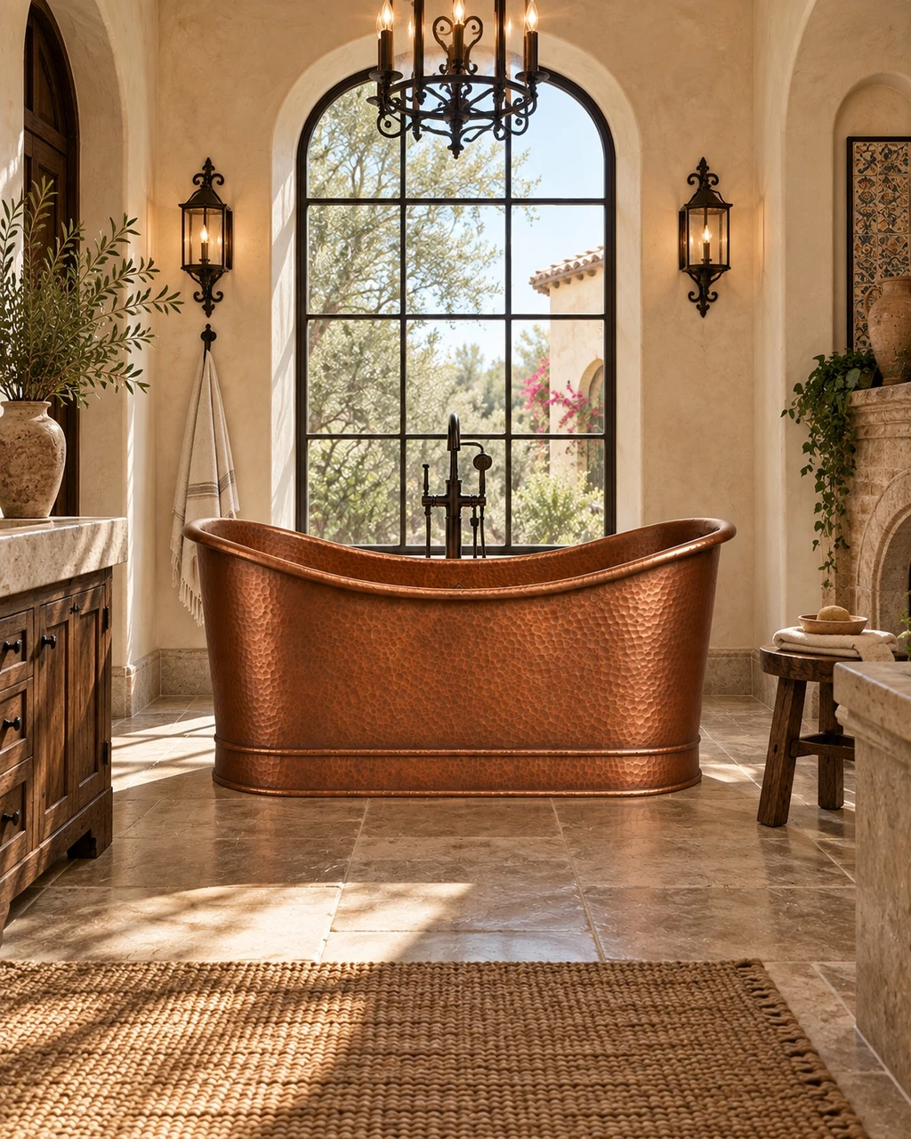 Spanish Colonial bathroom with straight-wall copper bathtub, plaster, Cantera stone, tile, and iron lighting