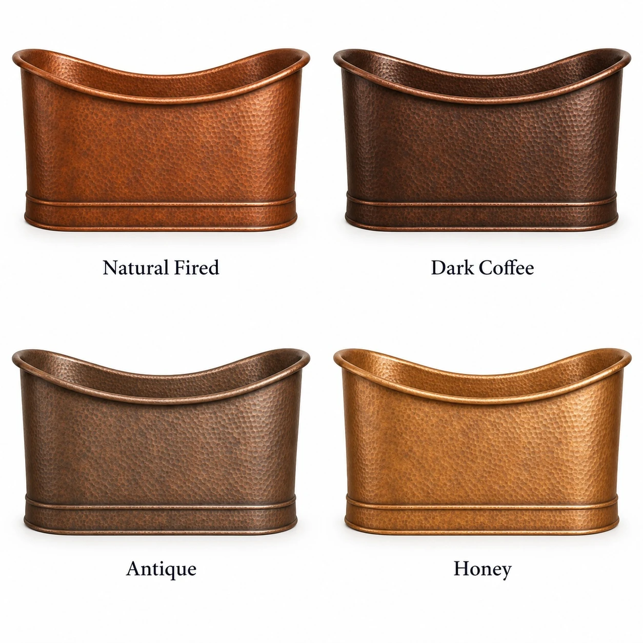 Straight wall freestanding copper bathtub shown in four copper patina finish options