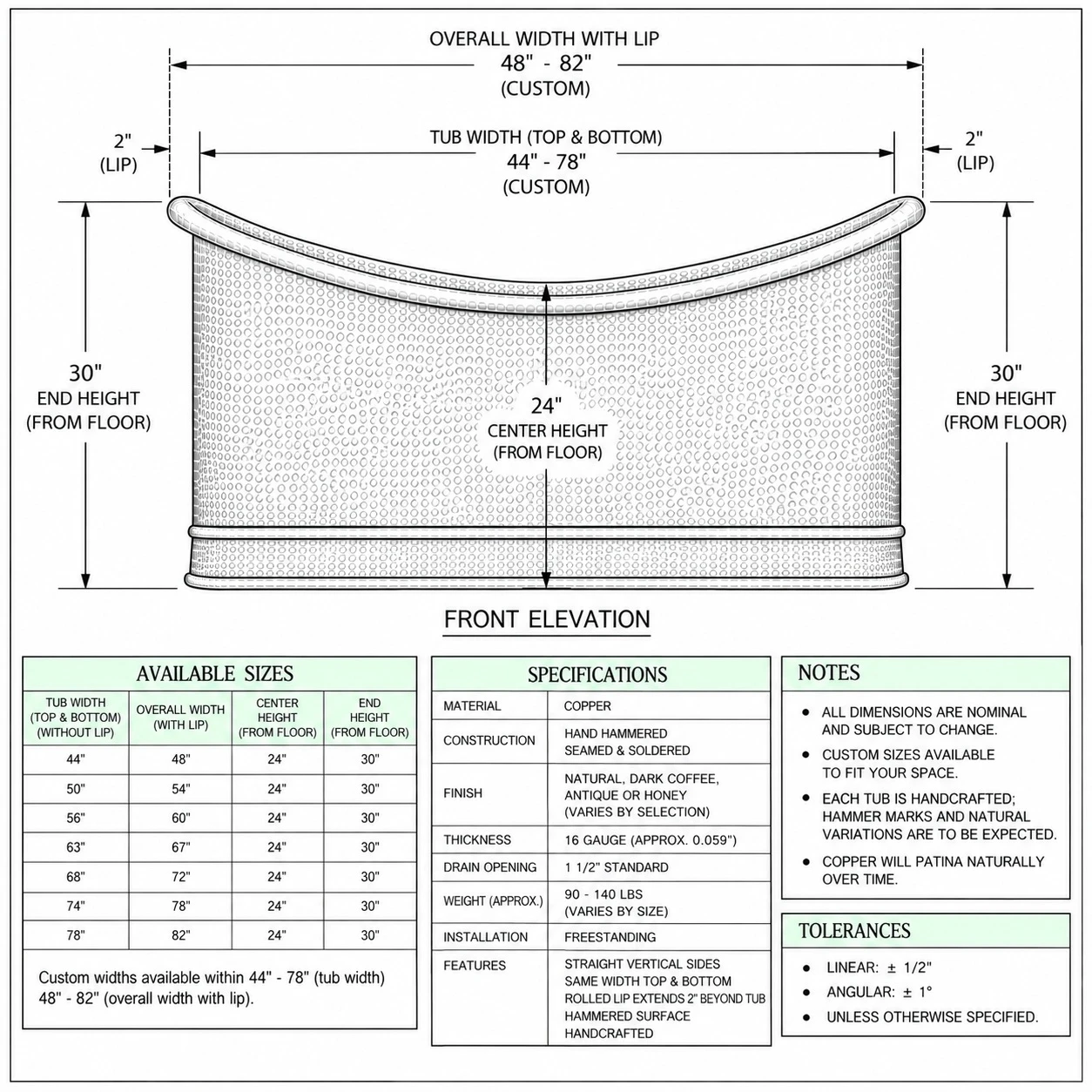 Technical drawing of straight wall freestanding copper bathtub showing oval proportions