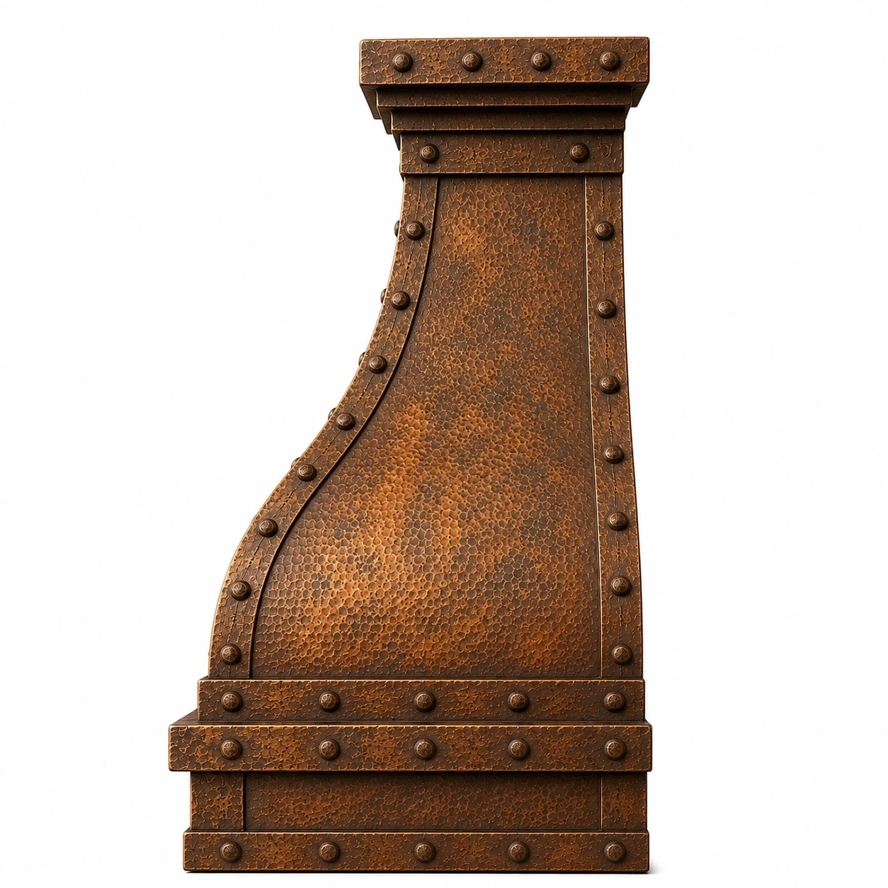 Gothic-style dome copper range hood, side view showing curved profile, antique patina, rivets and layered apron