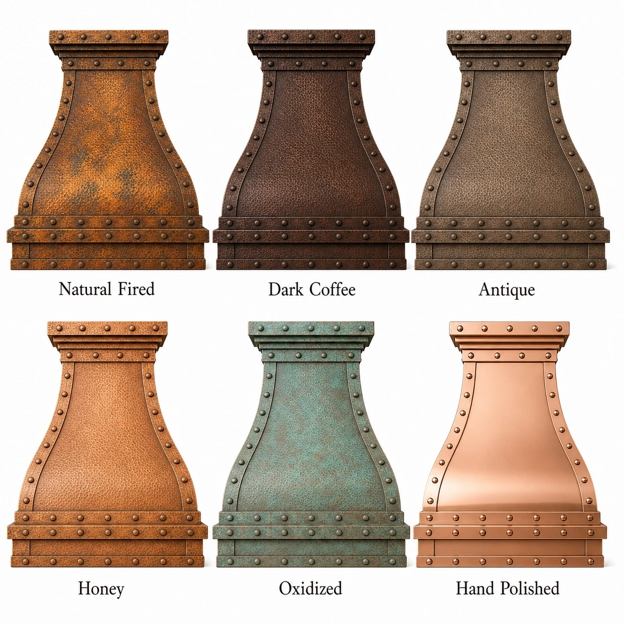 Copper patina finish options for Gothic dome copper range hood with riveted straps