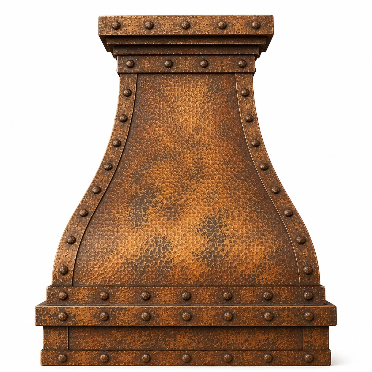 Gothic dome copper range hood with riveted straps, layered crown, broad apron, and warm patina