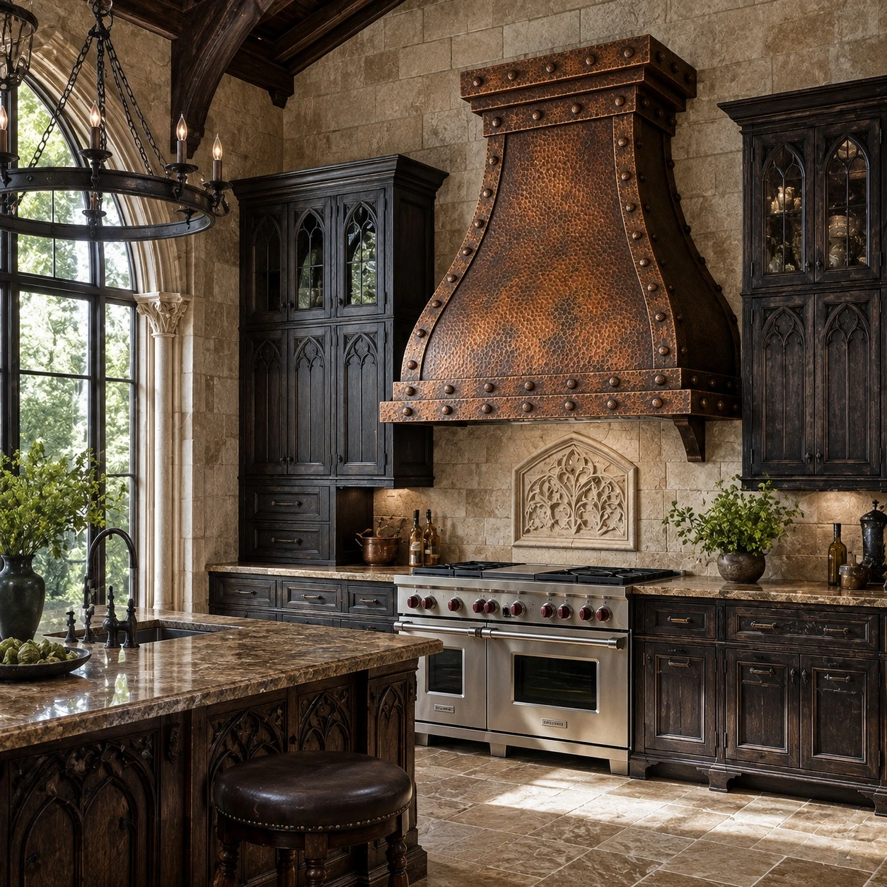 Gothic Revival kitchen with Gothic dome copper range hood and riveted straps