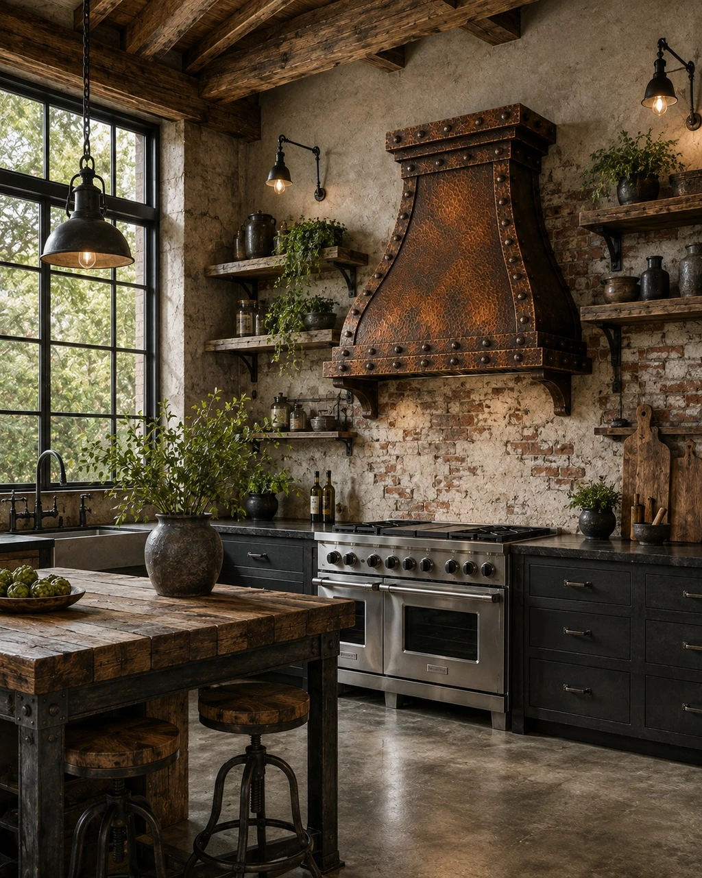 Rustic industrial kitchen with Gothic dome copper range hood and riveted straps