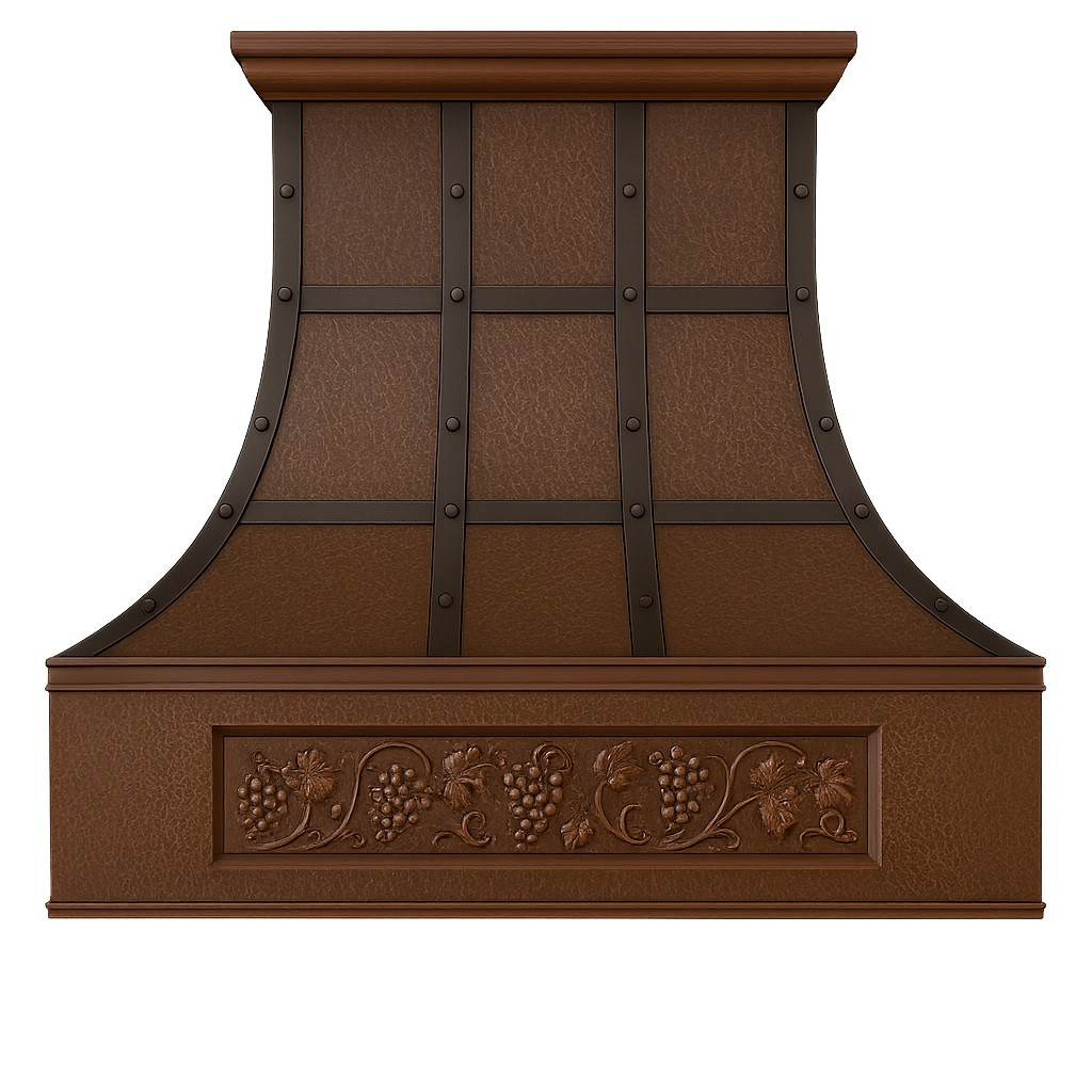 Rustic copper range hood with grapevine apron and straps front view, hammered copper canopy with riveted bands and decorative vineyard motif in warm patina finish