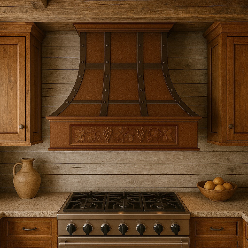 Rustic copper range hood with grapevine apron and straps in country farmhouse kitchen, hammered copper canopy above shiplap walls and reclaimed wood accents