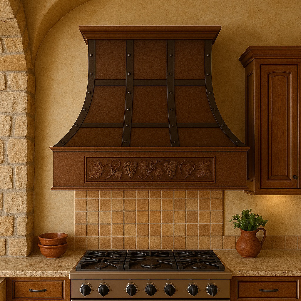 Rustic copper range hood with grapevine apron and straps in Mediterranean style kitchen, hammered copper canopy above stone backsplash, arches and warm rustic finishes