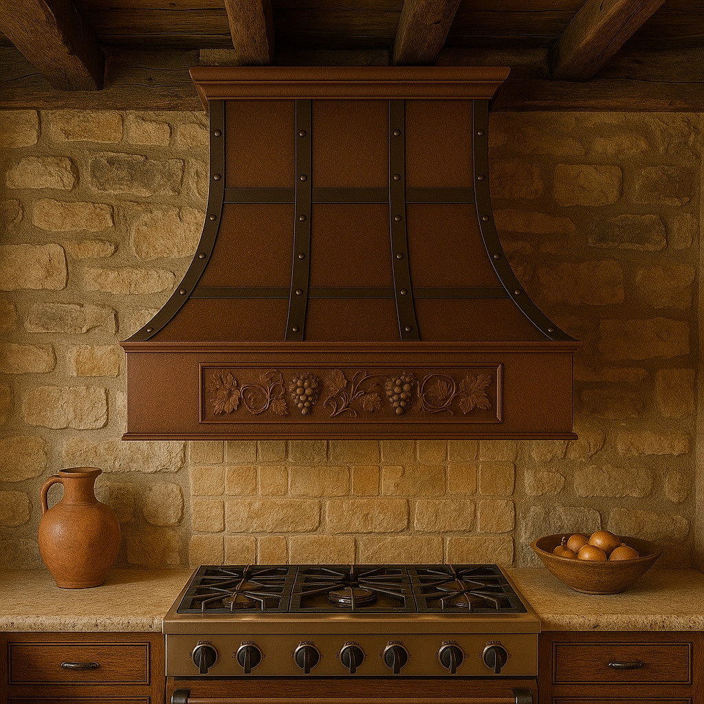 Rustic copper range hood with grapevine apron and straps in rustic style kitchen, hammered copper canopy above stone backsplash and exposed timber beams