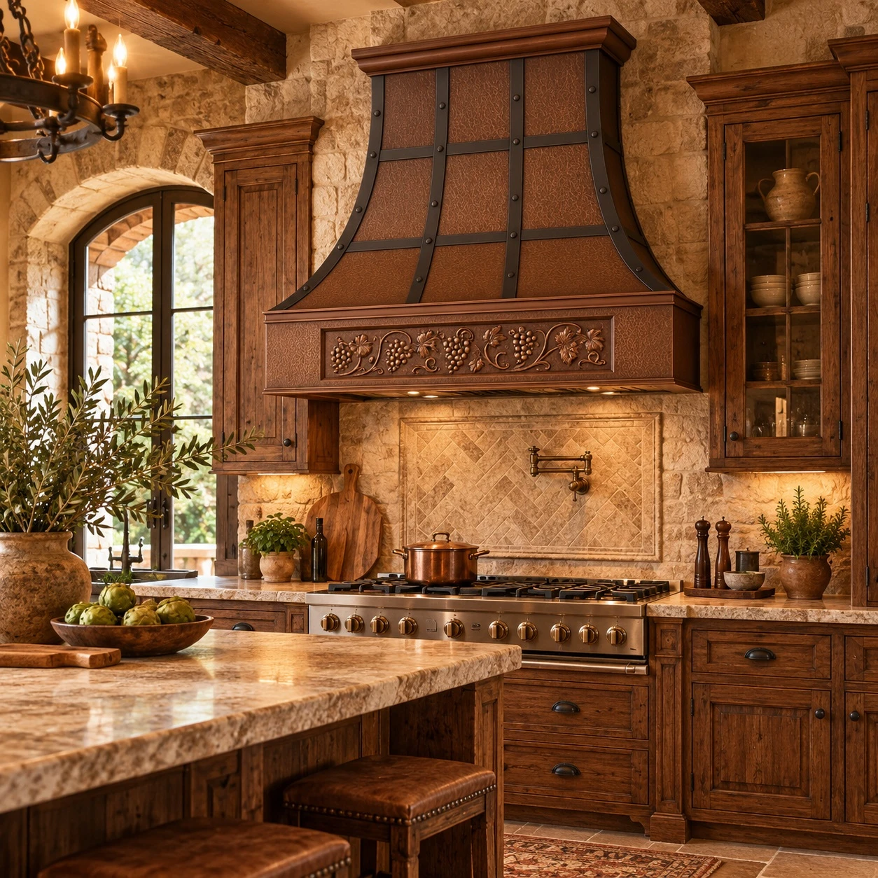 Copper range hood with grapevine apron design and straps in a warm rustic kitchen setting