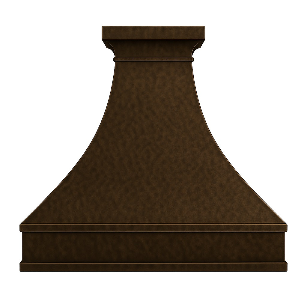 Luxury copper range hood with wide apron and small crown molding front view on white background