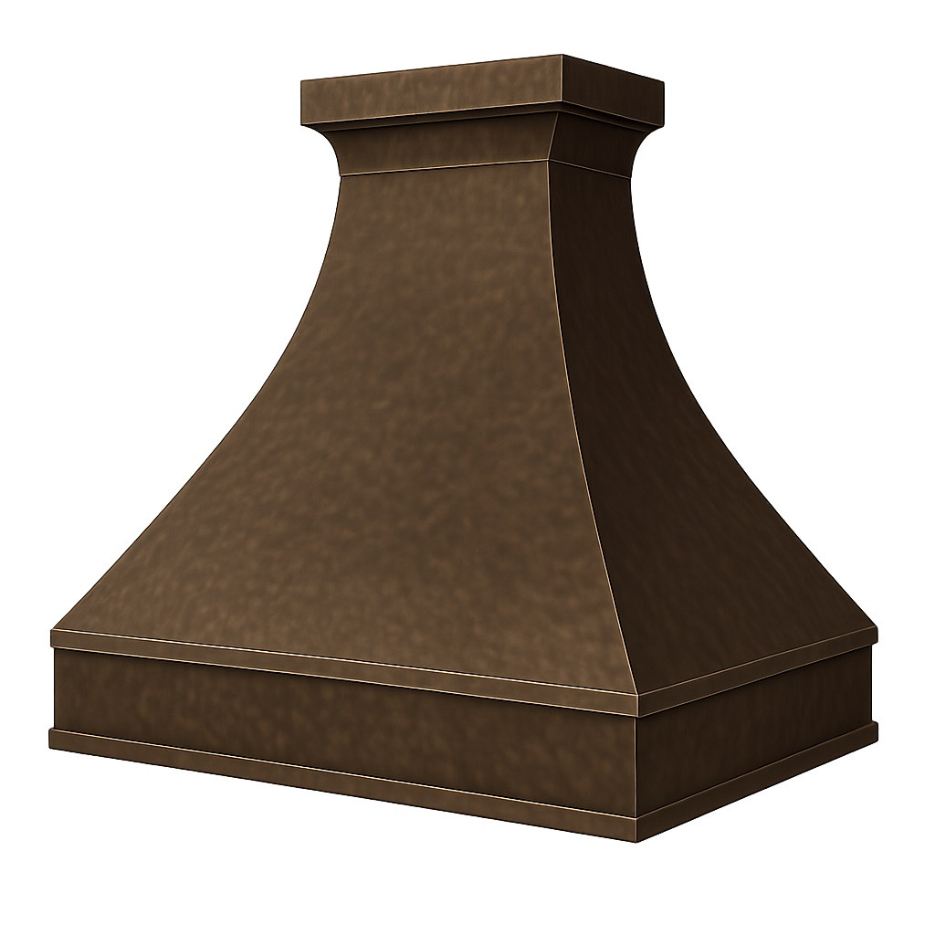 Luxury copper range hood with wide apron and small crown molding side view on white background,