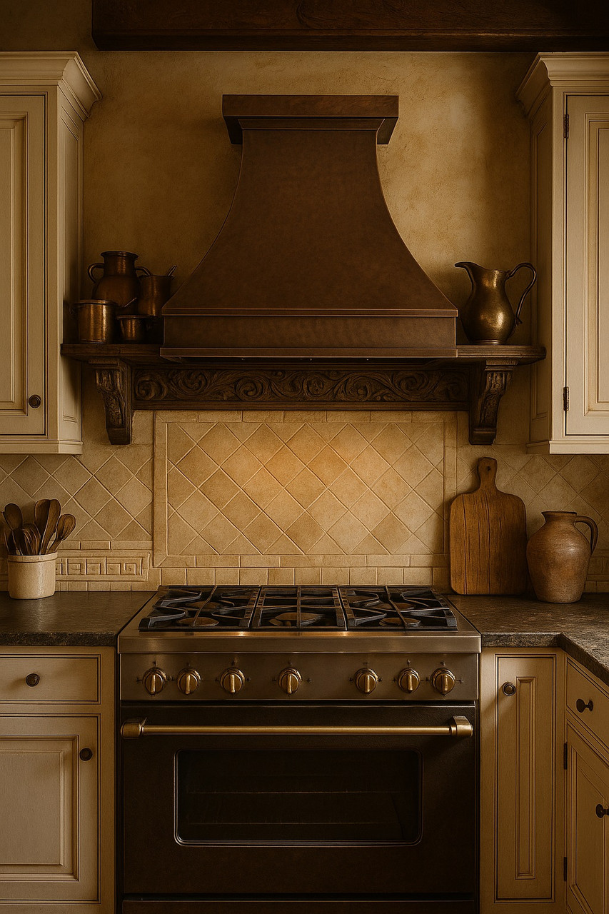Luxury copper range hood with wide apron and small crown molding in antique style kitchen, hammered copper canopy above vintage cabinetry