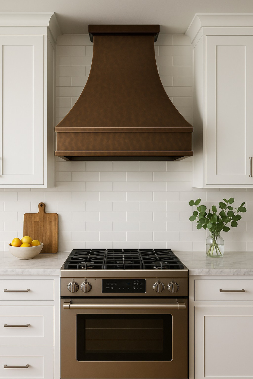 Luxury copper range hood with wide apron and small crown molding in modern kitchen, hammered copper canopy creating warm contrast with sleek cabinetry