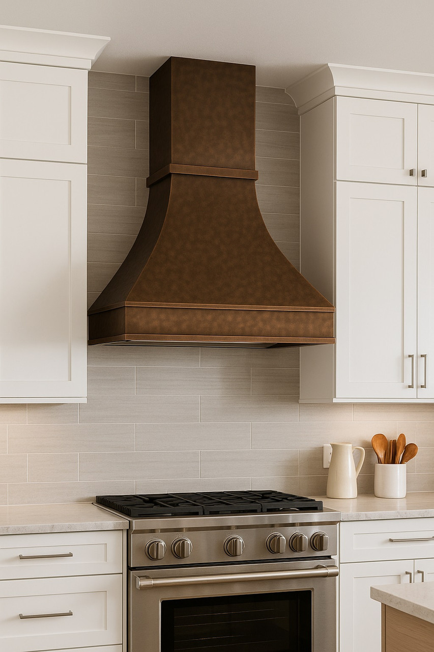 Luxury copper range hood with wide apron and small crown molding in traditional kitchen, hammered copper canopy above classic cabinetry and stone backsplash