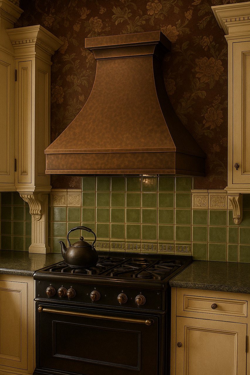 Luxury copper range hood with wide apron and small crown molding in Victorian style kitchen, hammered copper canopy above ornate cabinetry and period inspired decor