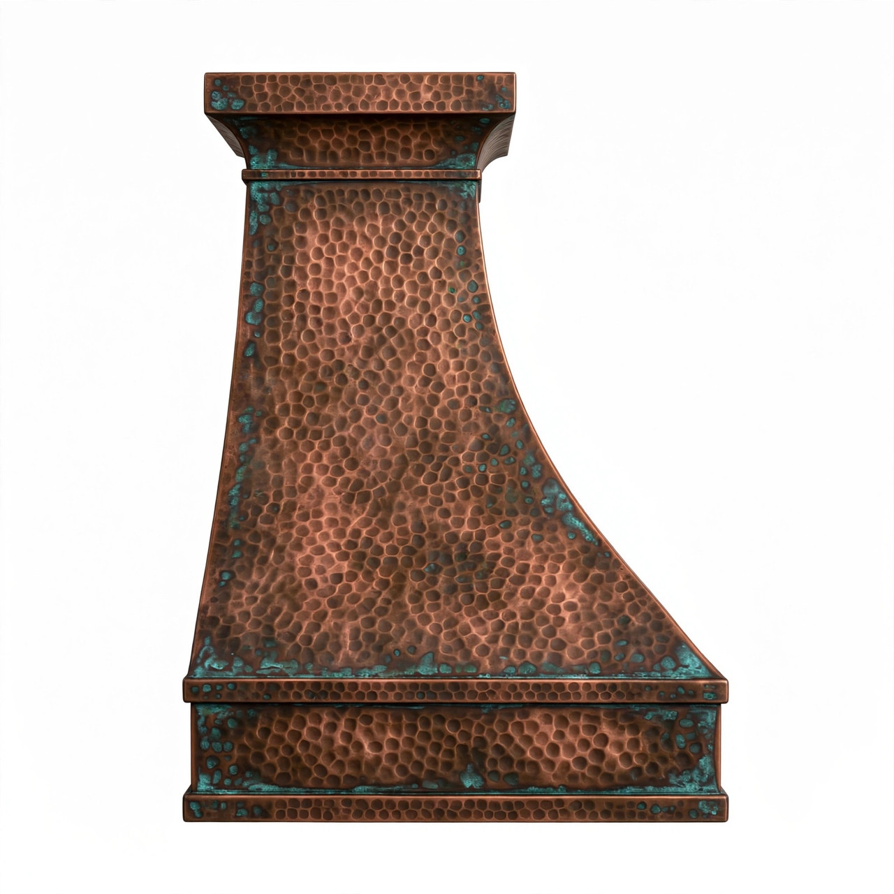 Side view of rustic luxury hammered copper range hood showing curved chimney and broad apron detail